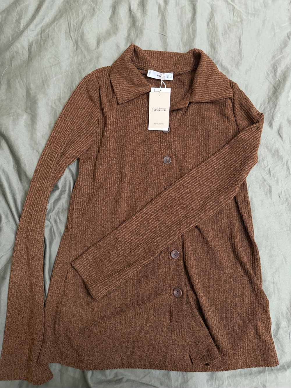 Mango Ribbed Brown Button-Up Collared Cardigan